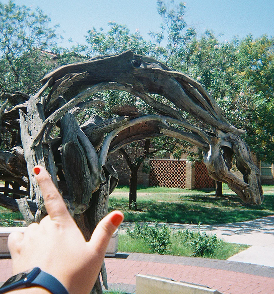 A womn points at a stick sculpture.