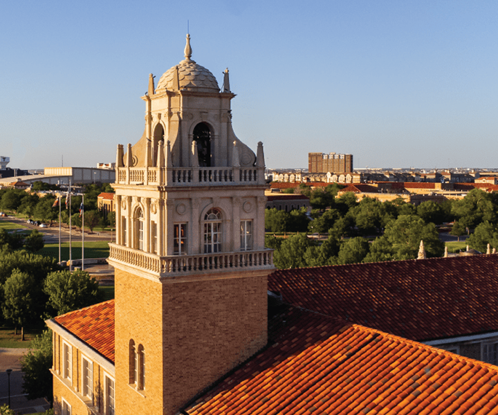 High-angle photograph of a university tower.